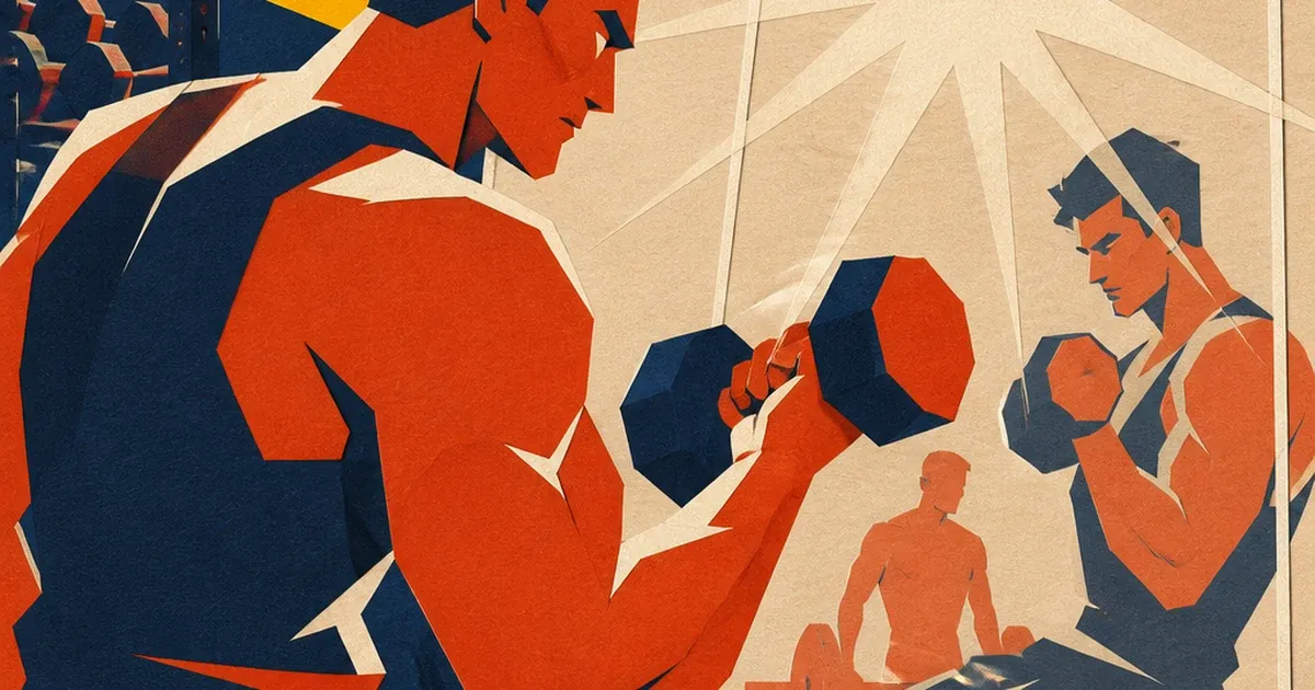 A weightlifter's dumbbell reflected in a gym mirror wall with a bright overhead glare hotspot, paper-cutout style illustration