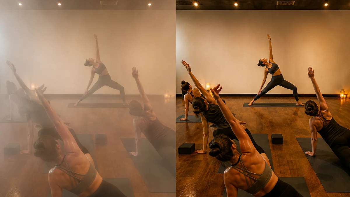 Split comparison of a hot yoga studio photo with a milky lens-condensation haze on the left and the same scene with the haze cleared on the right