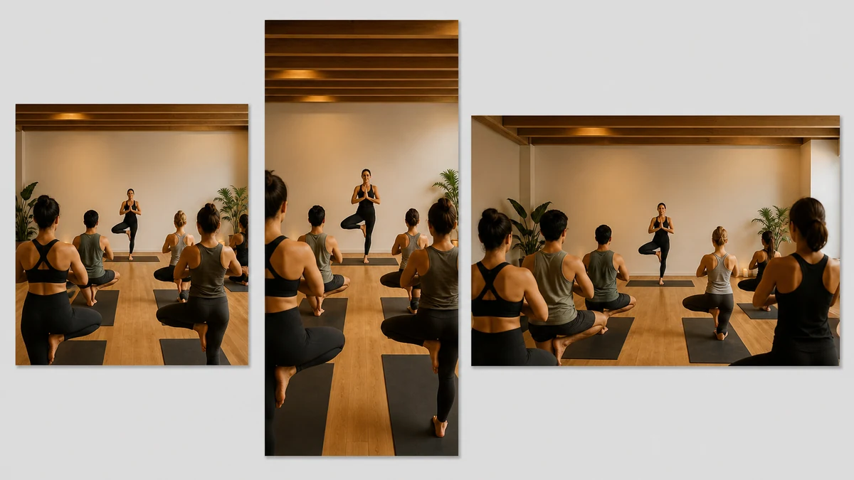 The same clear hot yoga studio photo shown resized into a square post, a vertical story, and a landscape banner format