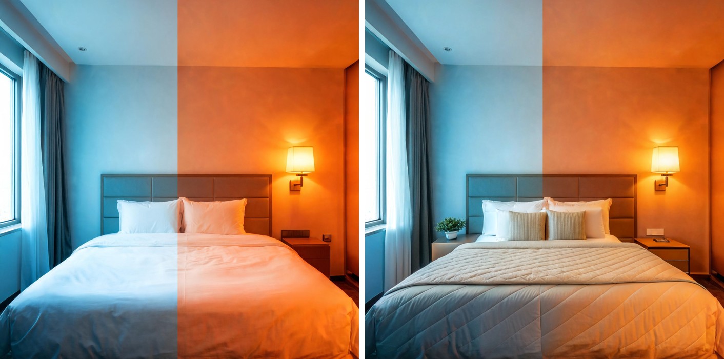 Before and after: a hotel room photo with a cool blue and warm orange color split on the bedspread, corrected to one even neutral tone using enhance_asset_proxy