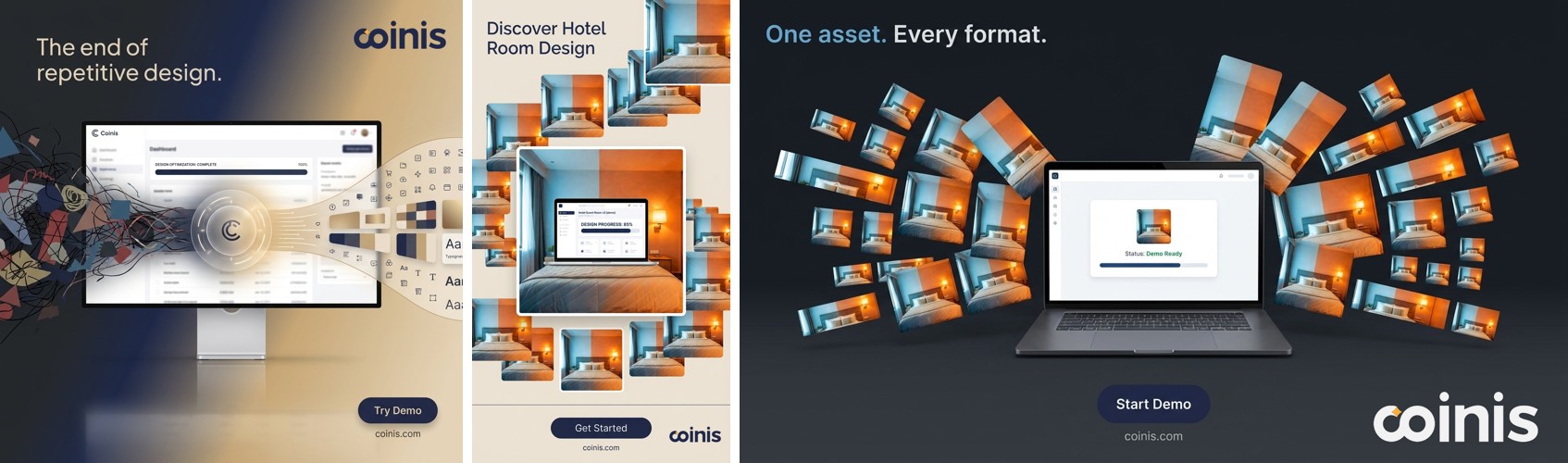 The color-corrected hotel room photo resized into three ad formats: square feed post, vertical Story, and horizontal Display banner using generate_image_templates