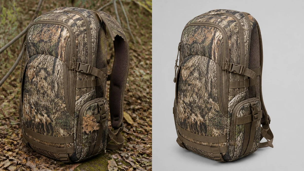 Split photo: camo hunting backpack with a broken AI cutout edge and a stray leaf fragment on the left, the same backpack cleanly isolated on a neutral background on the right