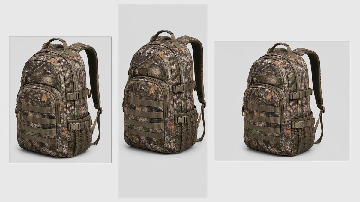 The same camo hunting backpack shown in three ad formats: square, vertical story, and landscape banner