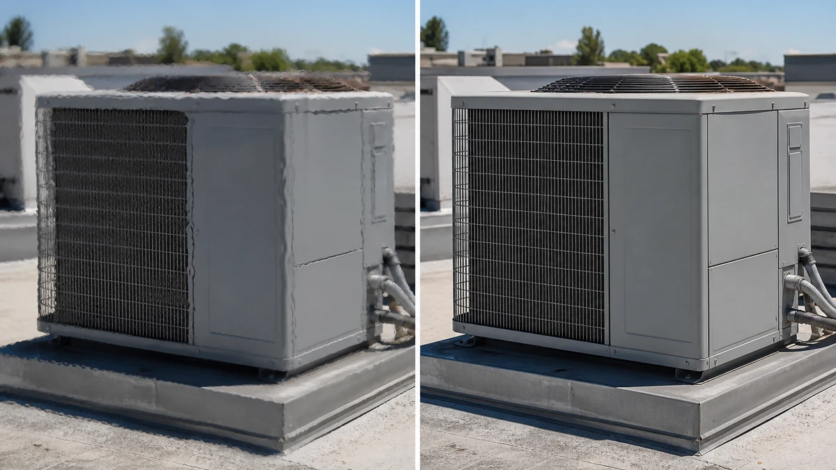 Illustrative before and after comparison of a rooftop HVAC condenser unit: left side shows wavy heat-distortion blur, right side shows the same unit with crisp corrected edges