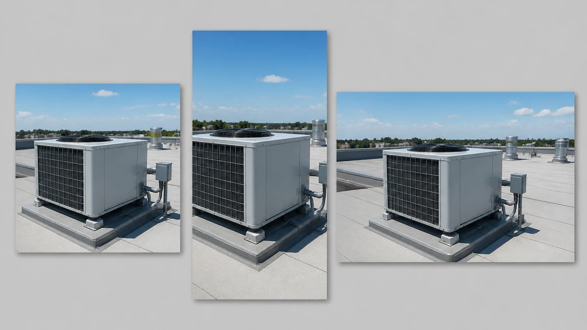 The same corrected rooftop HVAC condenser unit photo shown as a square feed ad, a 9:16 story crop, and a horizontal display banner side by side