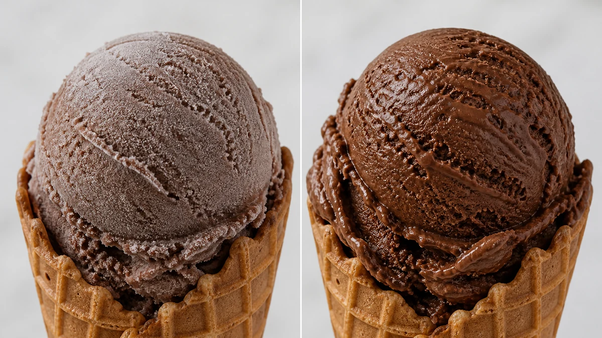 A split-frame photo of a chocolate ice cream scoop in a waffle cone: left side dusted in a frosty white haze, right side with the frost removed showing rich saturated color and sharp ripple texture