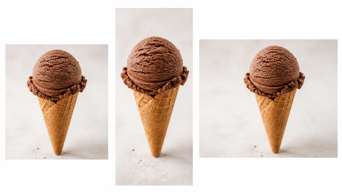 A flat-lay mockup of the same corrected chocolate ice cream scoop photo shown as a square feed crop, a vertical story crop, and a wide landscape crop