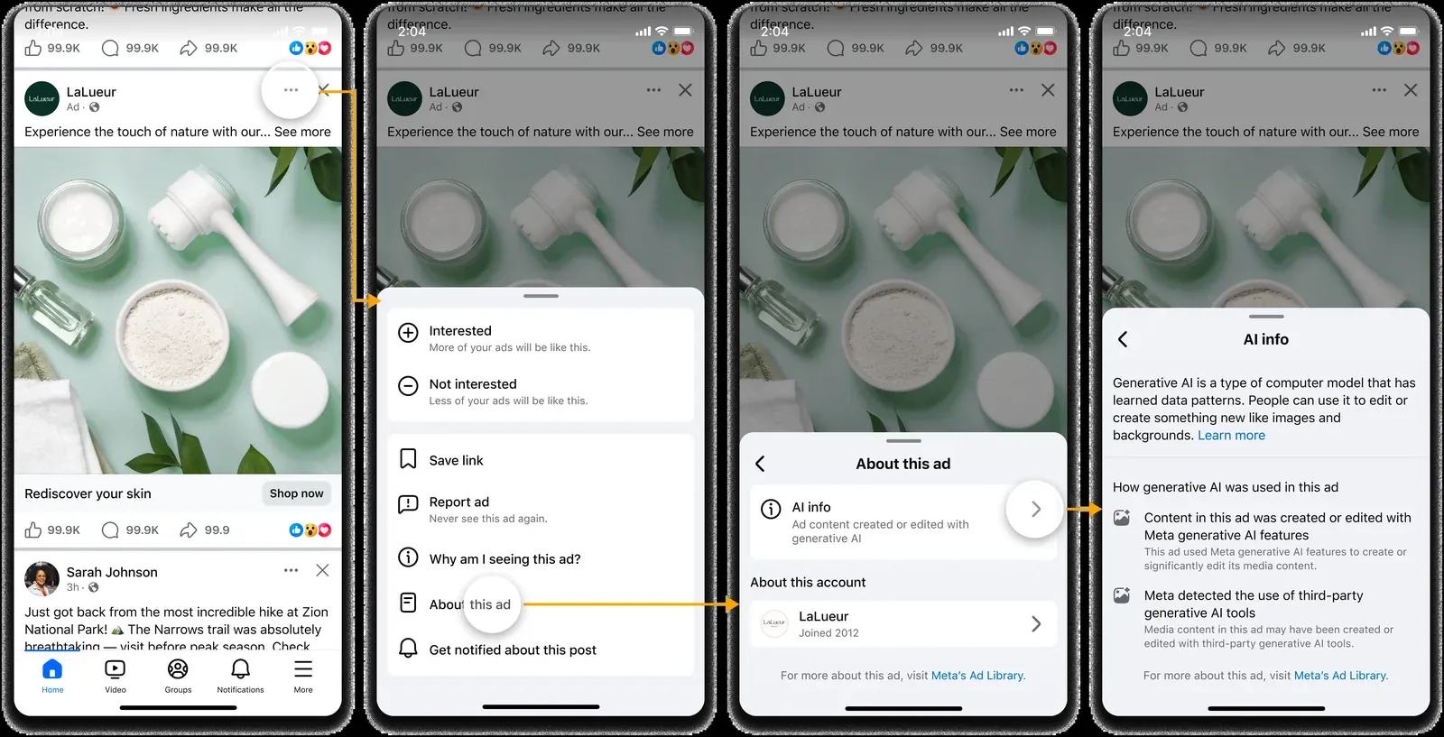Facebook ad flow: three-dot menu, About this ad, then the AI info panel explaining the ad was created or edited with Meta generative AI features or detected third-party AI tools.