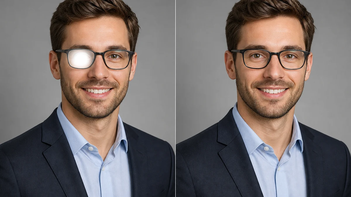 A split-frame photo of a generic professional headshot: left side shows a bright reflective glare patch obscuring one eye behind the eyeglass lens, right side shows the same style of headshot with both eyes naturally visible
