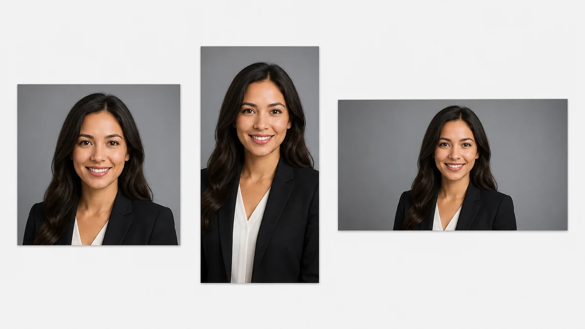 A flat-lay mockup of a corrected professional headshot shown as a square feed crop, a vertical story crop, and a wide landscape crop