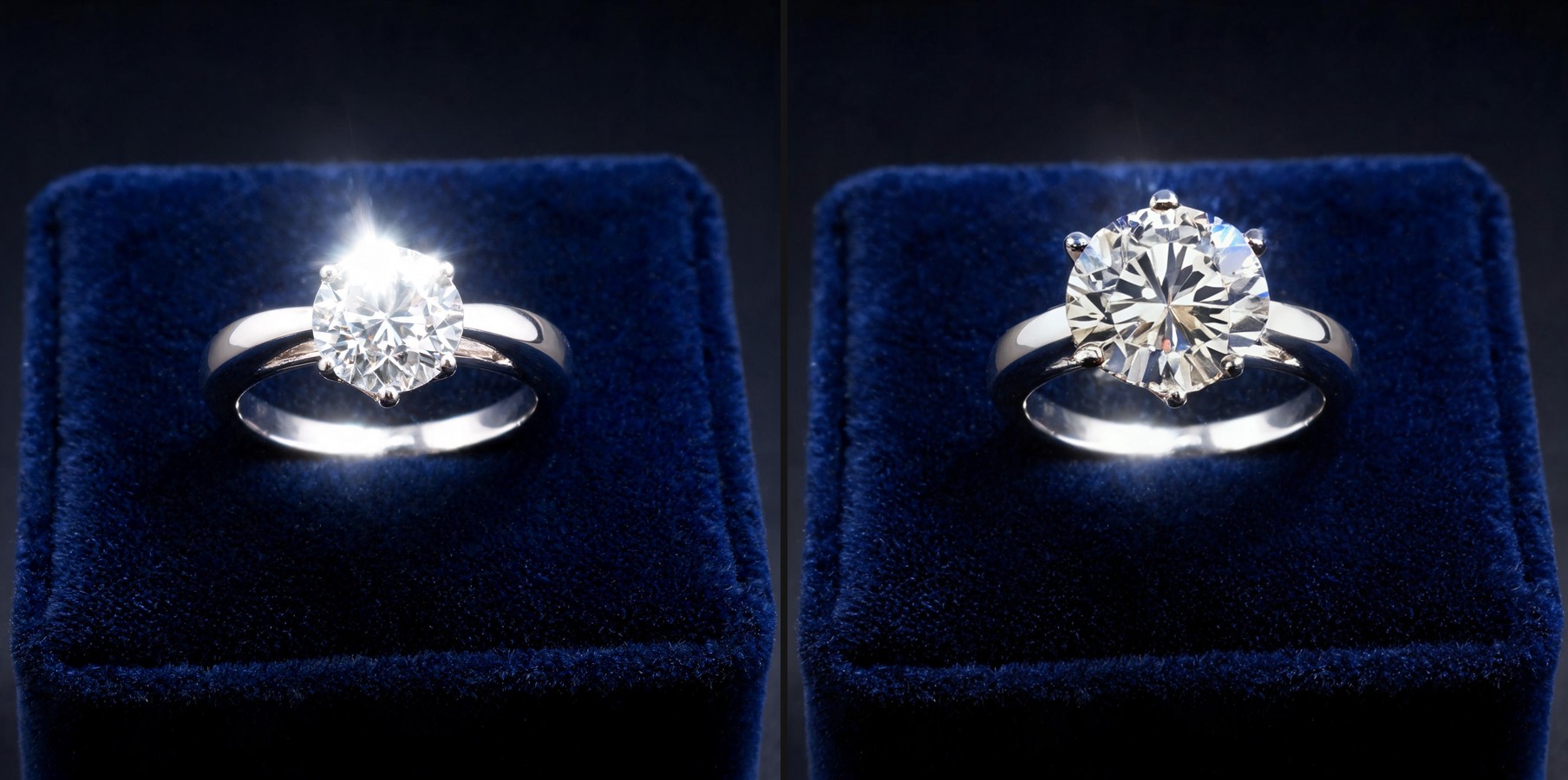 Before and after: a diamond ring photo with a blown-out white specular hotspot on the diamond, corrected via a real enhance_asset_proxy recraft-inpaint masked repair to reveal legible facets and polish