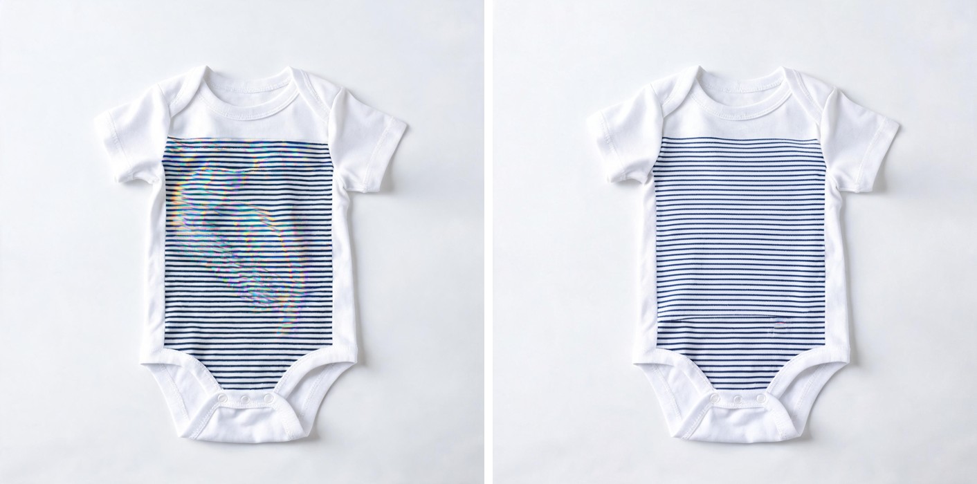 Before and after: striped baby onesie product photo, left with a faint rainbow moire ripple across the stripes, right with the corrected clean even navy and white stripe pattern