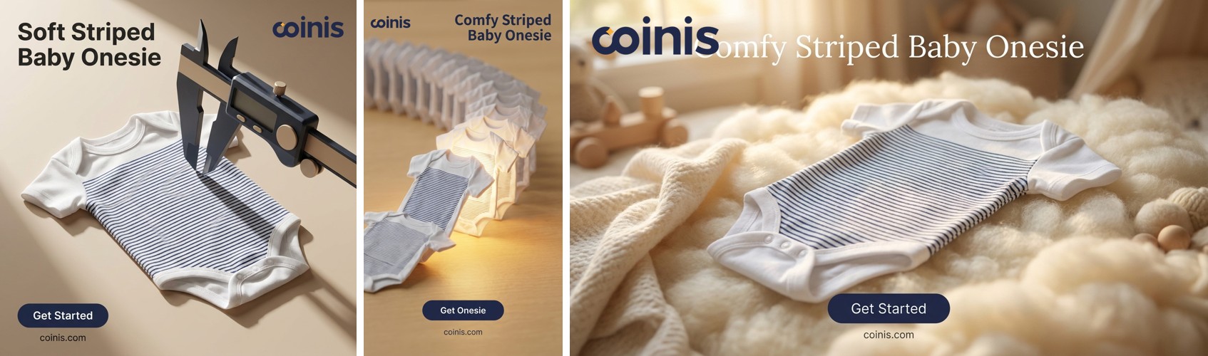 Corrected striped baby onesie photo reformatted into three ad sizes: square marketplace tile, vertical story crop, and landscape display banner