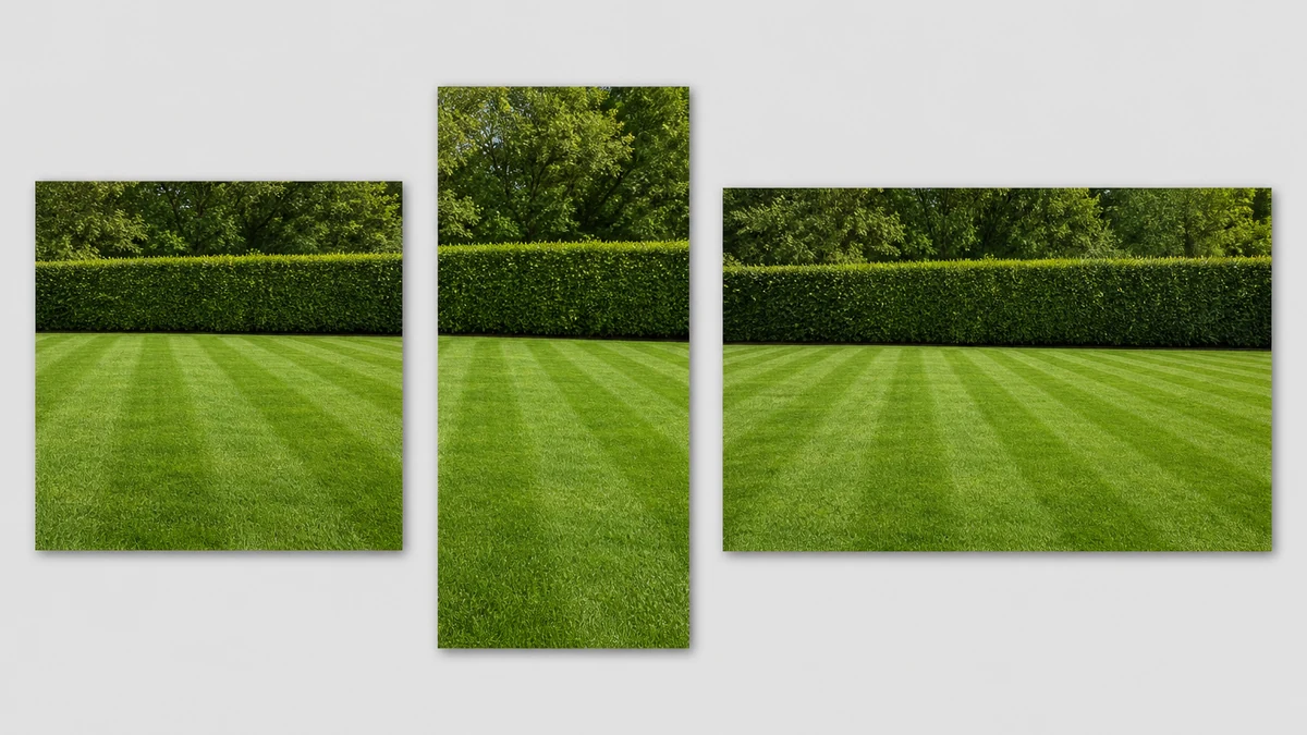 The same corrected landscaping lawn photo generated into three ad formats side by side: square, vertical story, and wide landscape crop, consistent natural color across all three