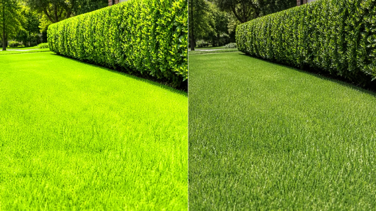 Before and after split-frame comparison of a landscaping lawn photo: oversaturated radioactive-green auto-white-balance defect on the left, corrected natural true-to-life green lawn and hedge on the right
