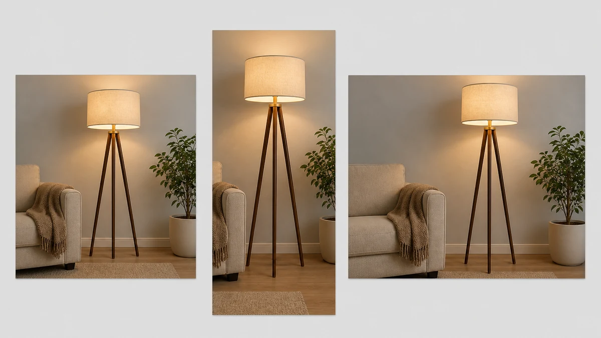 The same corrected lamp photo shown as a square feed ad, a 9:16 story crop, and a horizontal display banner side by side