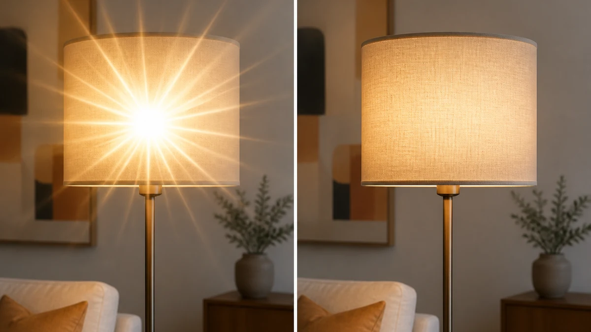 Before and after: a floor lamp bulb showing a sharp multi-point starburst obscuring the shade on the left, the same lamp with a normal soft glow and fully visible shade on the right