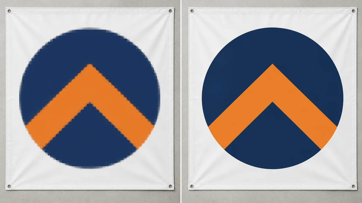 Before and after comparison of a logo vectorize fix: left shows a blurry pixelated logo stretched to banner size, right shows the same logo with crisp sharp vector edges at the same size