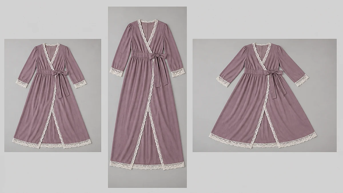 Same corrected maternity dress flat-lay shown in square, vertical, and landscape ad-format crops side by side