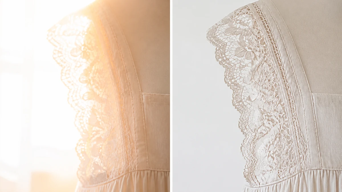 Lace trim on a maternity dress before and after halation correction, left side washed out with a warm backlit glow, right side crisp and clean