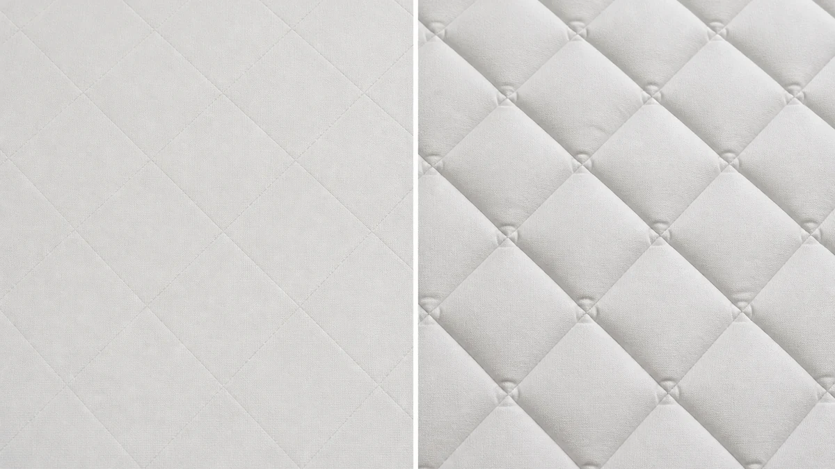 Quilted white mattress top panel before and after texture correction, left side flat and smooth, right side showing visible stitch-channel shadow depth