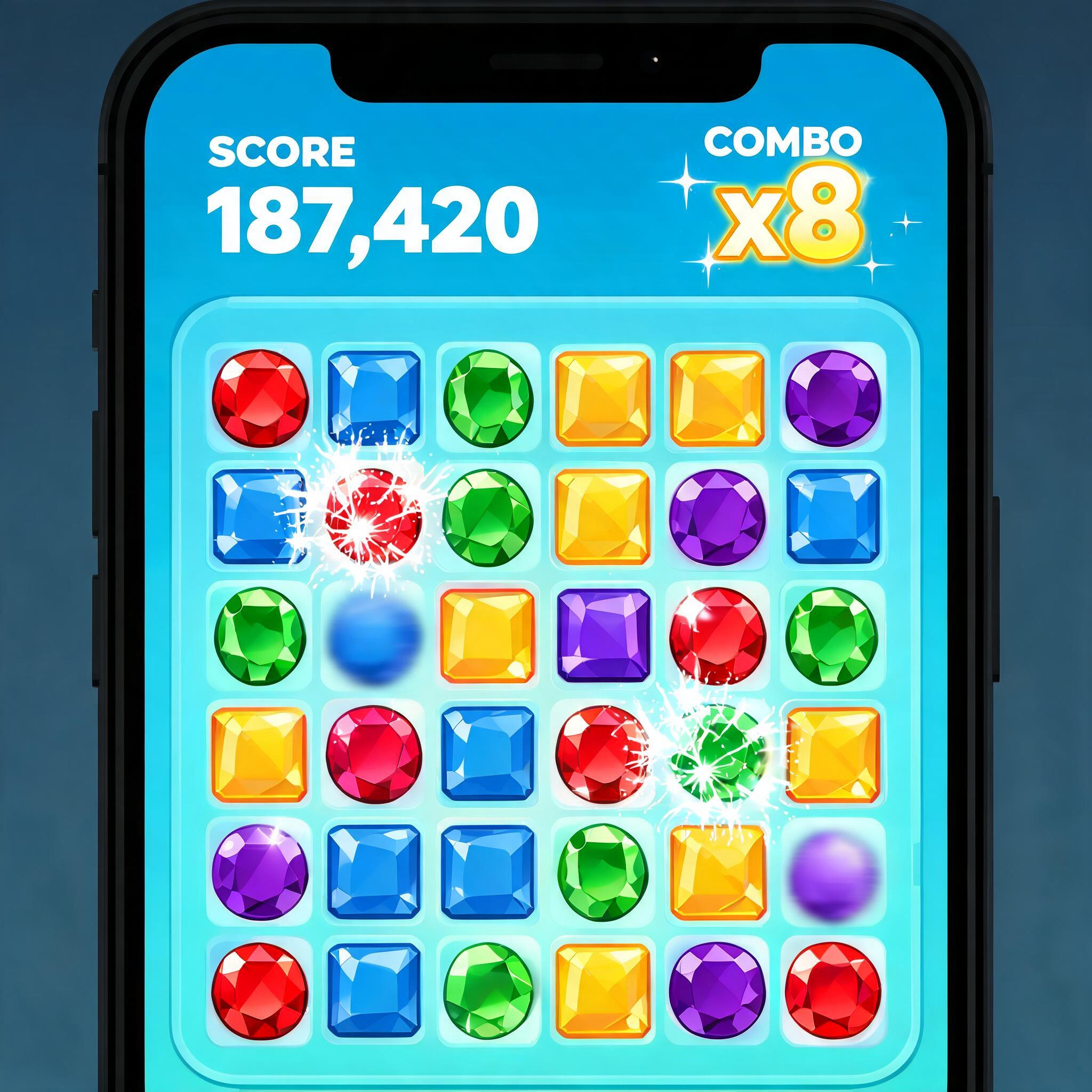 Illustrative still of a bright mobile match-3 puzzle screen mid-cascade with a combo counter, representing the gameplay-loop-reel ad format