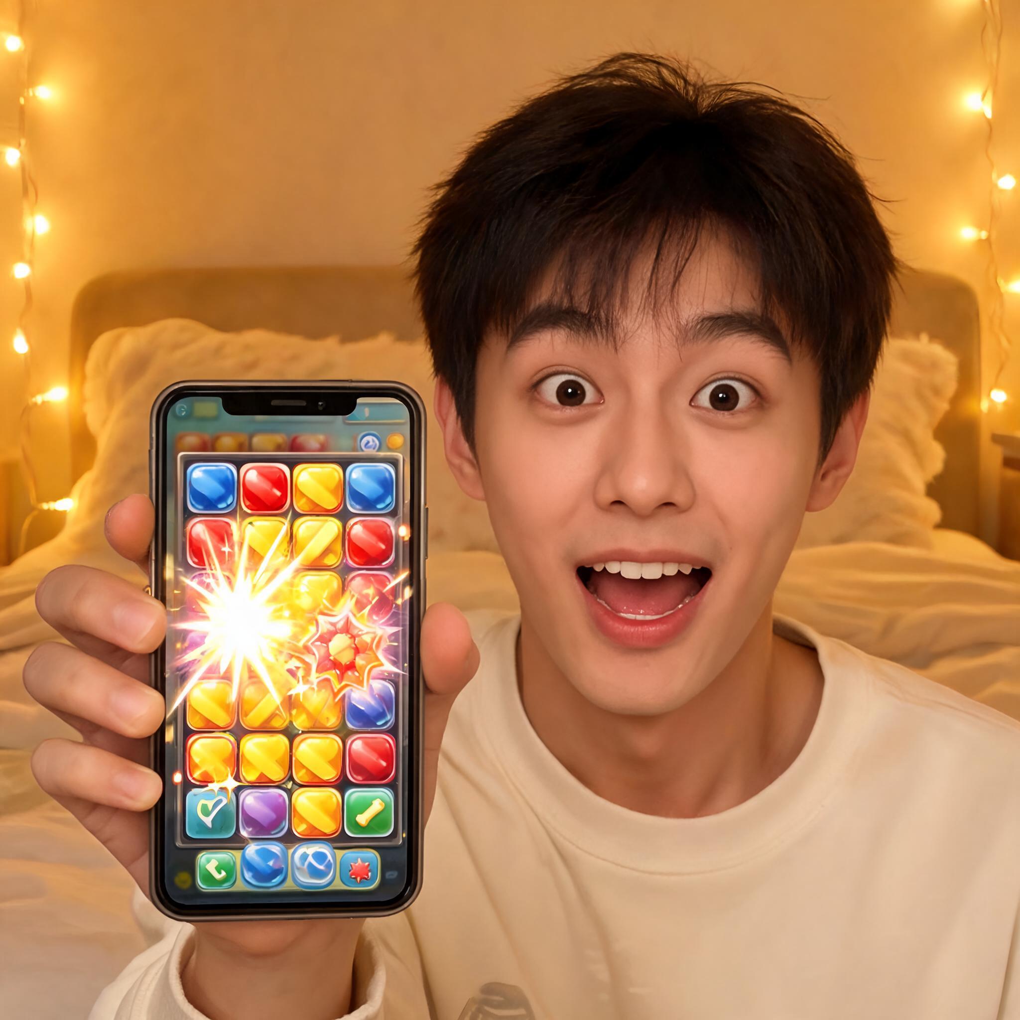 Illustrative still of a content creator reacting with surprise while holding up a phone showing a bright mobile game combo moment, representing the UGC-reaction ad format