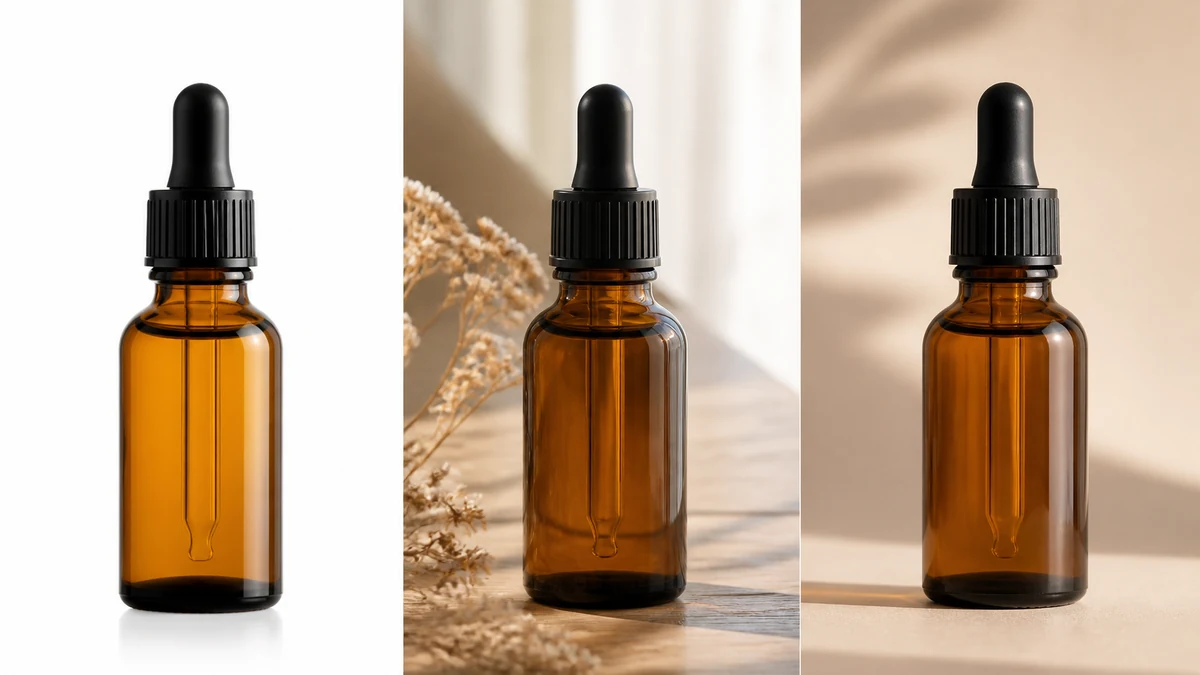 Three panels showing the same amber dropper bottle: a plain white-background Amazon-style shot, a warm wood-table Etsy-style shot, and a neutral brand-consistent version unifying both looks