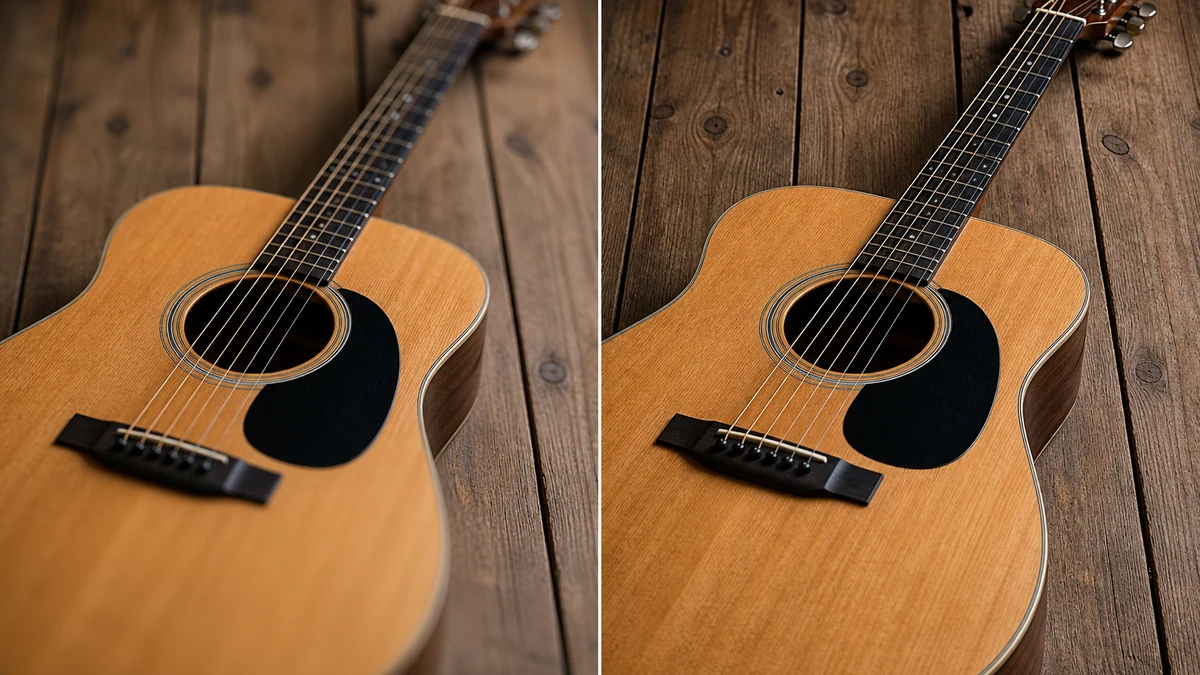 Illustrative before/after split photo: left shows a guitar sharp at the sound hole but blurred at the headstock and lower bout, right shows the same guitar corrected to full sharpness end to end