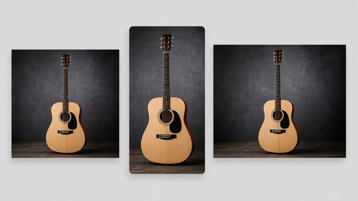 Illustrative multi-format fan-out: the same corrected guitar shown as a square feed ad, a 9:16 story, and a horizontal display banner
