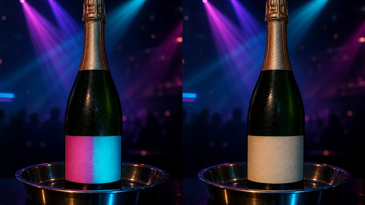 Before and after split photo of a champagne bottle under colored nightclub stage lighting, left half shows magenta and cyan color contamination on the label, right half shows the true corrected color