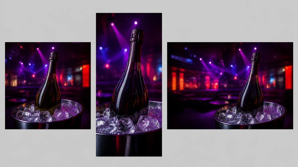 Three ad-format crops, square, vertical story, and landscape, of the same corrected nightclub product photo