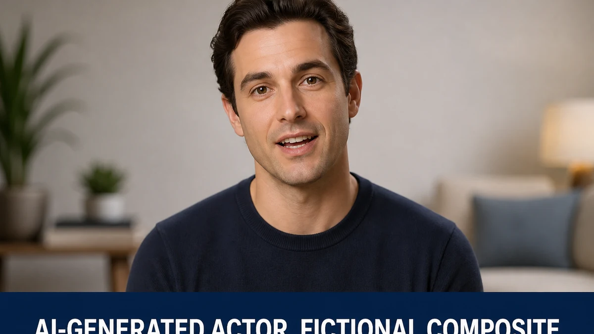 Fictional AI-composite donor testimonial actor speaking to camera with a persistent lower-third reading AI-generated actor, fictional composite, not a real beneficiary