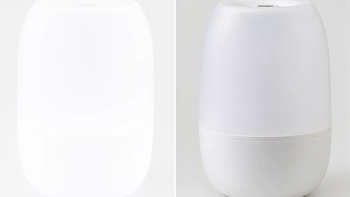 Illustrative before and after split: frosted nursery humidifier with scattering-induced haze on the left, corrected clean edges and true color on the right