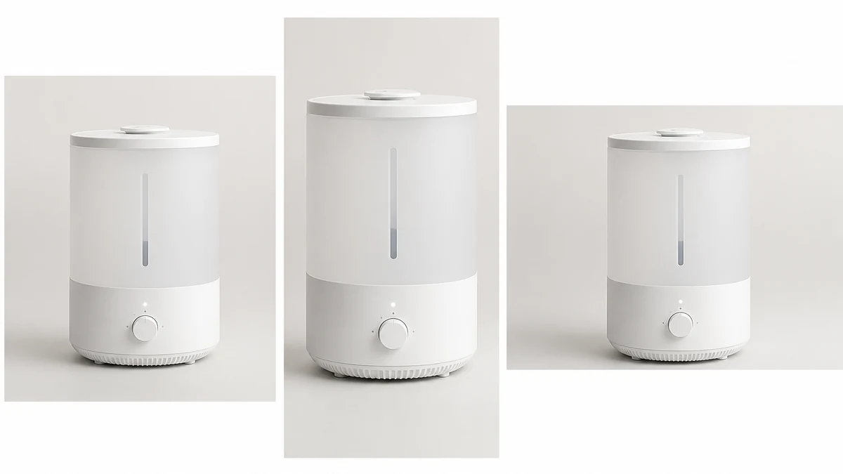 Illustrative multi-format ad fan-out of the corrected nursery humidifier photo shown as a square feed ad, 9:16 story, and horizontal display banner