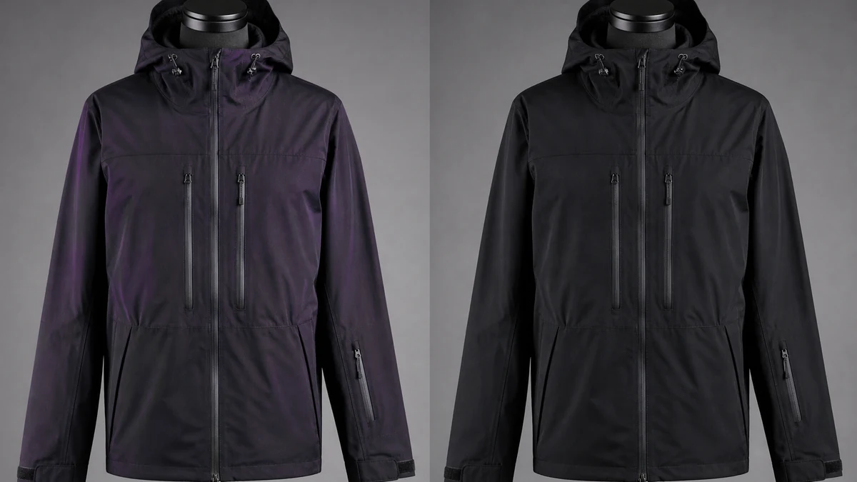 Illustrative before/after split photo: left shows a black technical jacket with a visible purple/magenta color cast, right shows the same jacket corrected to clean true black