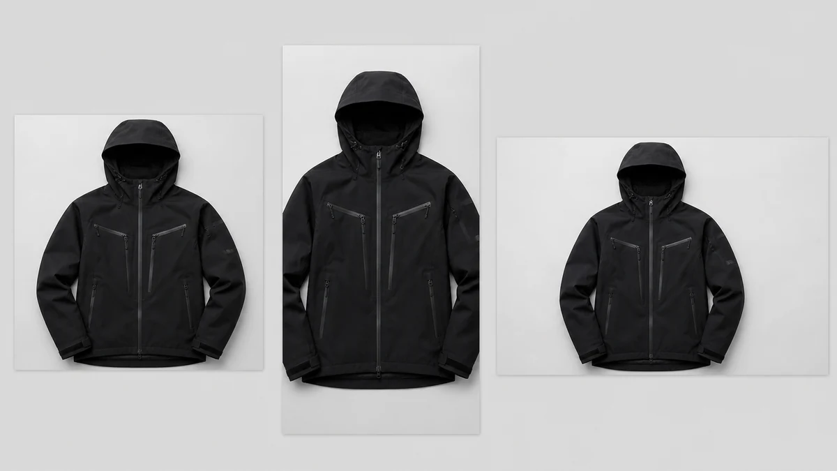 Illustrative multi-format fan-out: the same corrected black jacket shown as a square feed ad, a 9:16 story, and a horizontal display banner
