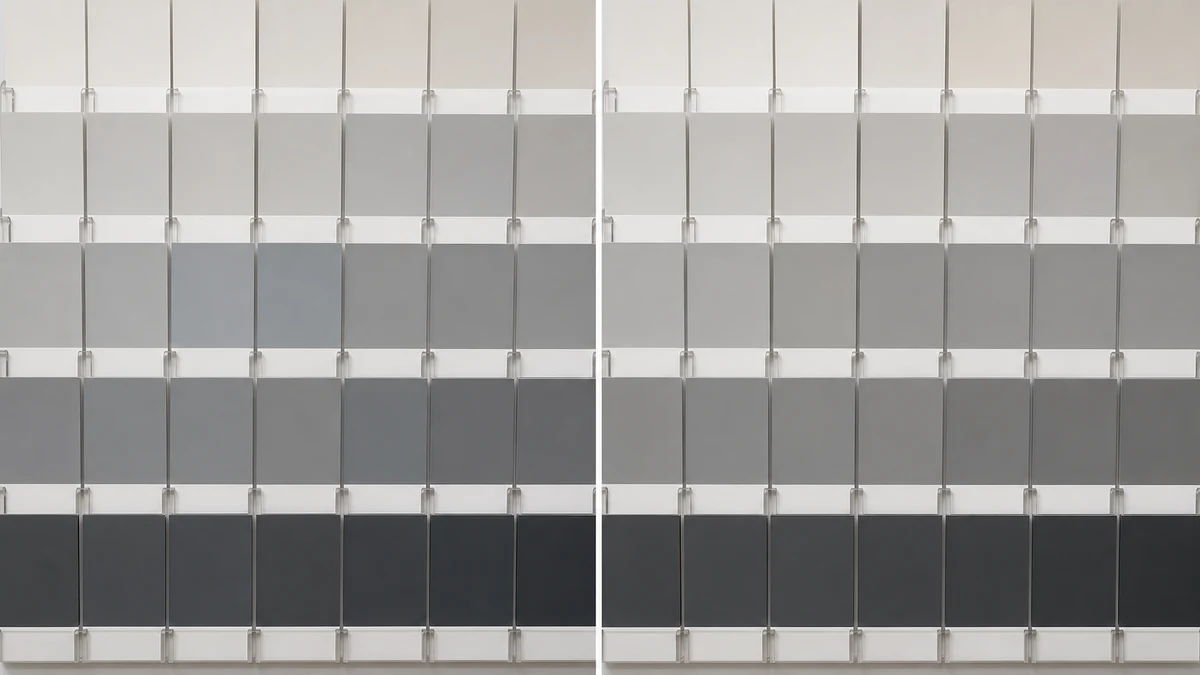 Illustrative before and after: a paint color swatch wall with one mismatched chip, corrected to match its reference color