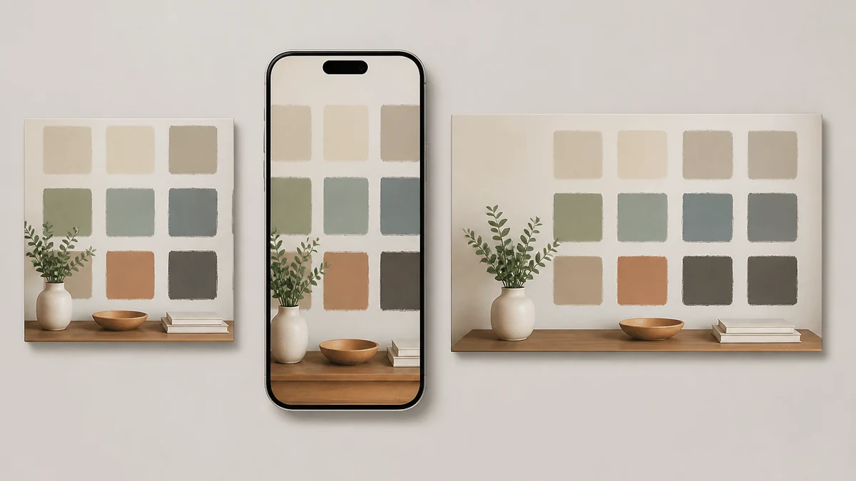 Illustrative mockup: the same corrected paint swatch photo shown as a square feed ad, 9:16 story, and horizontal display banner
