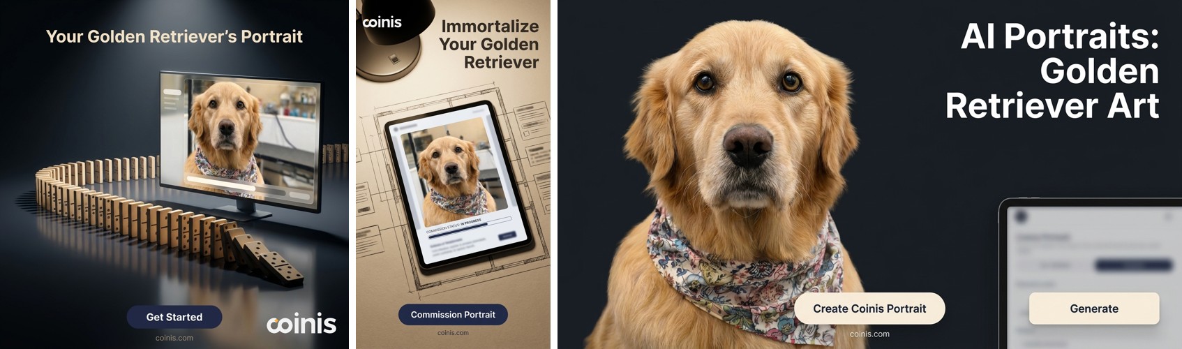 The corrected pet-grooming portrait fanned out to three ad formats: square feed post, 9:16 story, and landscape banner, same natural corrected eyes in every crop.