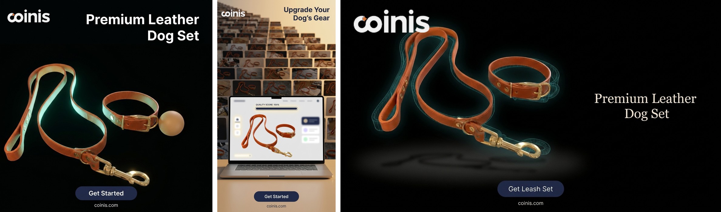 The same background-corrected pet leash and collar photo fanned out into a square feed ad, a 9:16 story, and a horizontal display banner