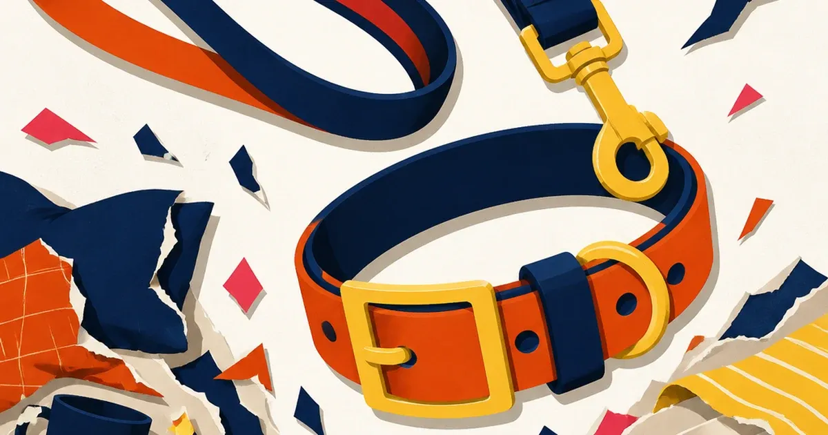A paper-cutout pet leash and collar set on a torn kitchen counter scene being lifted onto a clean studio backdrop