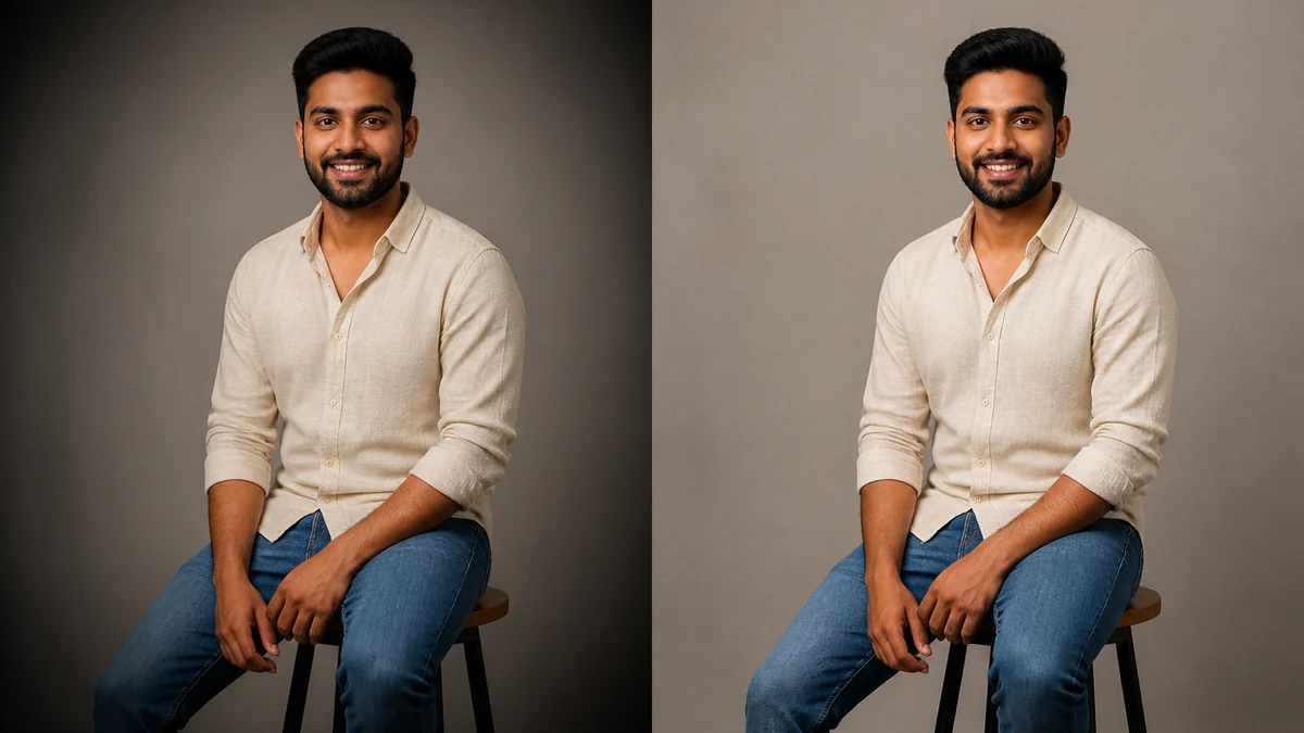 Illustrative before/after: portrait photo with dark vignette corners on the left, same portrait with even natural exposure on the right (illustrative substitute, mcp.coinis.dev outage)