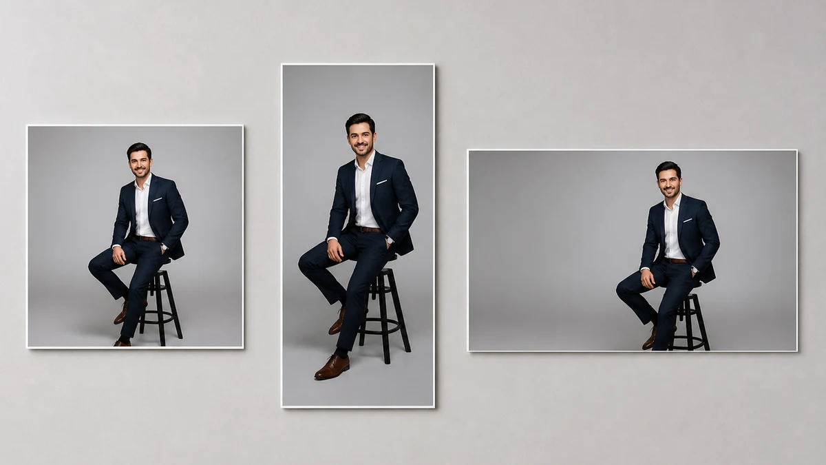 Illustrative multi-format fan-out: the same corrected portrait shown as a square feed ad, a 9:16 story, and a horizontal display banner (illustrative substitute, mcp.coinis.dev outage)