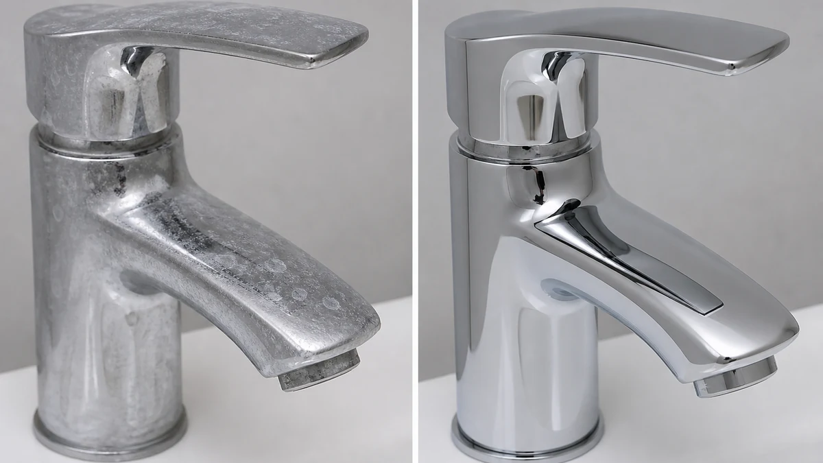 A split-frame photo of a chrome bathroom faucet: left side shows a cloudy white mineral film across the spout and handle, right side shows the same faucet with clean, bright chrome and no haze