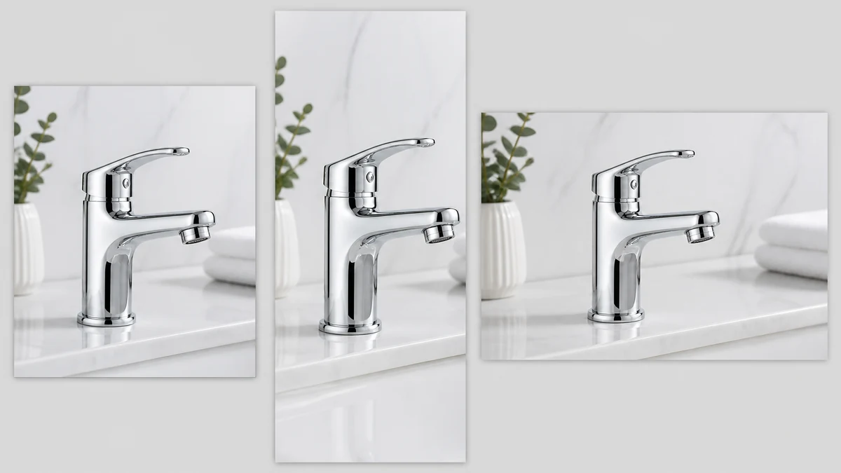 A flat-lay mockup of the same corrected chrome faucet photo shown as a square feed ad, a 9:16 story, and a horizontal display banner