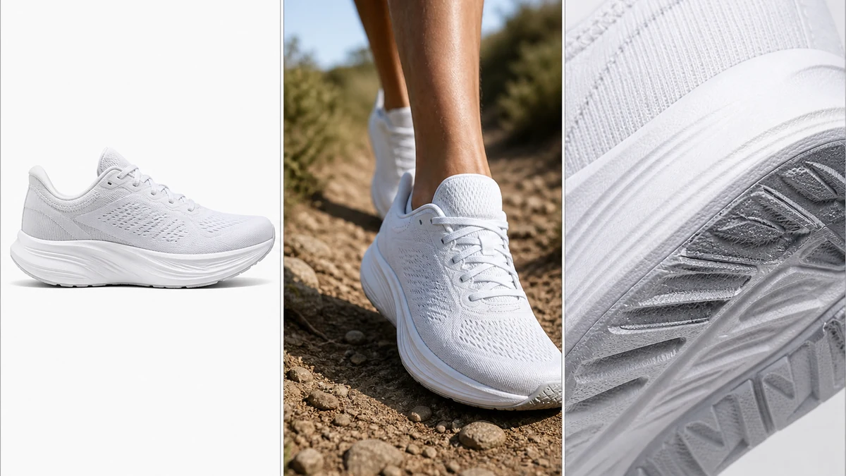 Same sneaker shown in three distinct ad compositions: clean studio shot, lifestyle in-use shot on a trail, and close-up detail crop of the sole