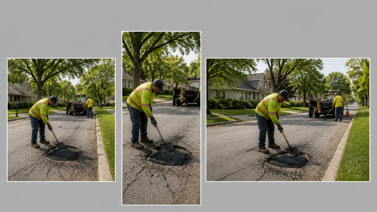 Illustrative generic neighborhood pothole-repair scene shown in three ad-format crops, standing in for a real generate_image_templates fan-out during an mcp.coinis.dev outage