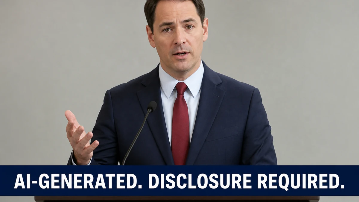 Illustrative generic unbranded speaker at a podium with an AI-generated disclosure caption bar, standing in for a real generate_ugc_video render during an mcp.coinis.dev outage