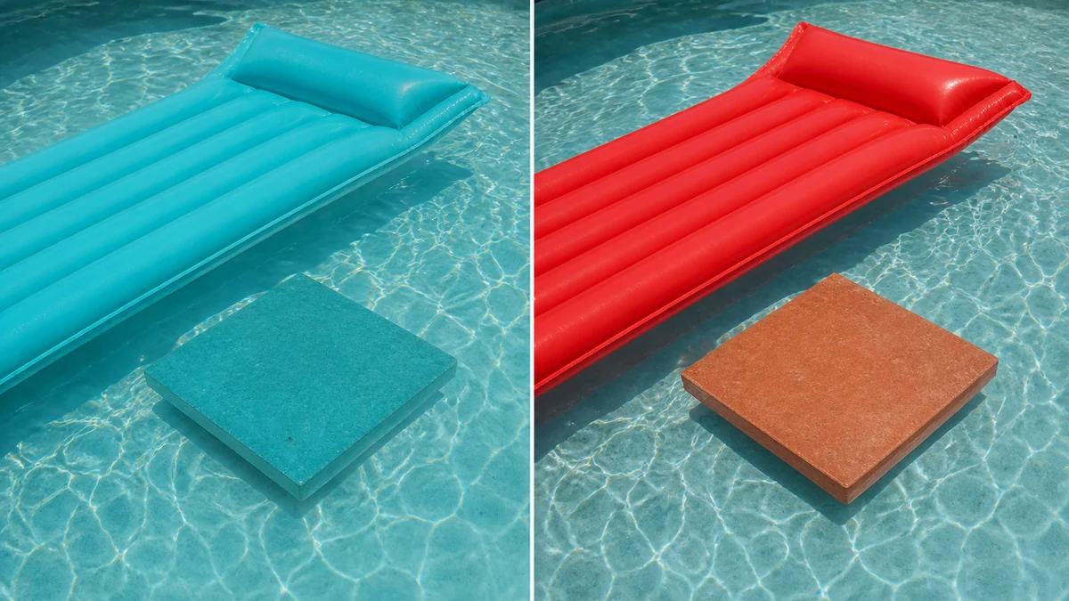 A split-frame photo of a generic red pool float and terracotta tile sample partially submerged in pool water: left side shows both shifted toward flat cyan-blue, right side shows the same items with their true red and terracotta color restored